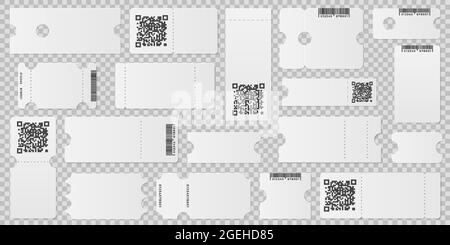 Blank ticket template. Event coupon, label layout with qr code. Empty airplane pass or festive flyer, lottery paper mockup recent vector set Stock Vector