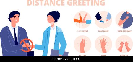 Safe greetings. Distance contact, no handshake or alternative protective greet methods. Feet hit or namaste, gesture utter vector icons set Stock Vector