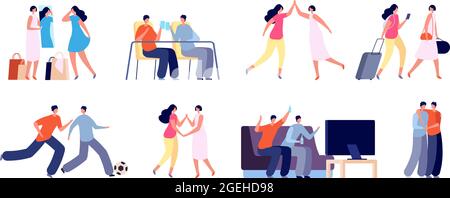 Students friends. Smiling teens, happy man woman together. Flat teenager friendship, girls on shopping man drinking beer utter vector scenes Stock Vector