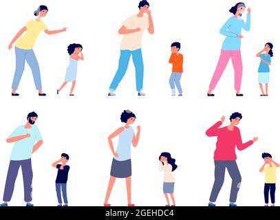 Parents scream to kids. Adults swearing, crying girl punished. Family abuse, isolated woman mother scolding little children utter vector set Stock Vector