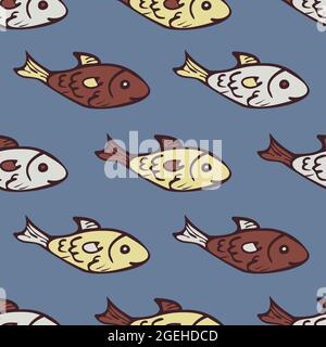 Vector seamless pattern with different colours fish on blue background. Design with fish in cartoon style. Stock Vector