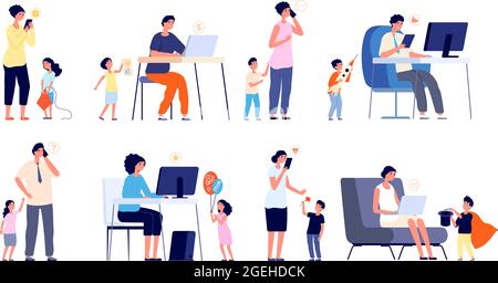 Parents with gadgets. Social network addiction, work from home and stress. Children and busy mother father, exhausted kids utter vector set Stock Vector