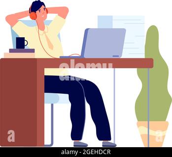 Lazy manager. Business concept, man procrastination at work. Busy male listen music, tired bored guy in anticipation utter vector character Stock Vector
