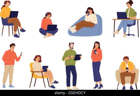 People chatting online. Smiling person with mobile phone, cartoon woman use internet. Modern communication in social media swanky vector set Stock Vector