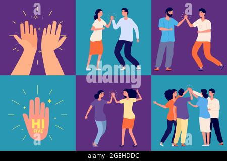 High five friends. Happy people greetings, smile woman man clap hands together. Applause or clapping, joyful teenagers vector characters Stock Vector