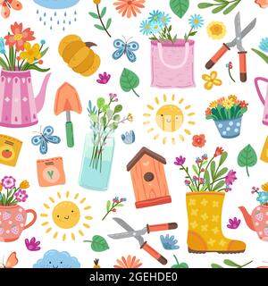 Cute colorful spring pattern. Bright floral design, summer flower in boots. Gardening planting textile print exact vector seamless texture Stock Vector