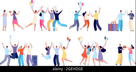 Birthday party people. Celebration characters, happy woman with balloons. Surprise event, adults confetti cake and presents utter vector set Stock Vector