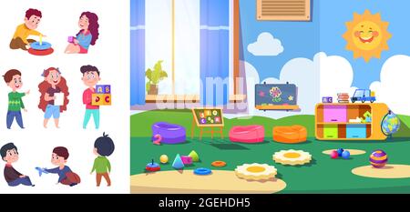 Kindergarten kids. Baby, preschool children characters. Kid zone interior or room for little people. Cartoon toddler vector bundle Stock Vector