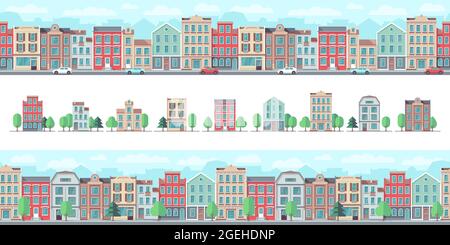European city street. Cute suburban buildings, flat country houses. Town walking area, downtown seamless pattern and real estate vector elements Stock Vector
