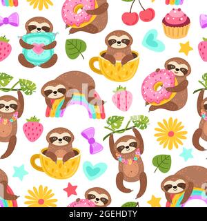 Sloth pattern. Sleep animal, cartoon sloths eat dancing or dream. Cute zoo characters, exotic characters print exact vector seamless texture Stock Vector