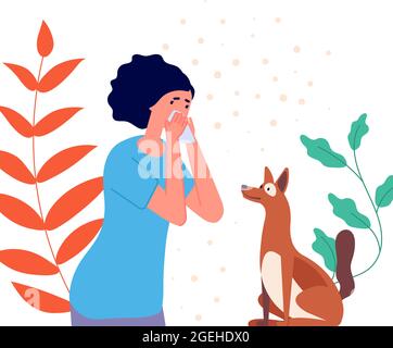 Seasonal allergy. Woman sneeze on pollen, allergic girl on animal plants flowers. Flu symptoms, sick female with dog utter vector concept Stock Vector