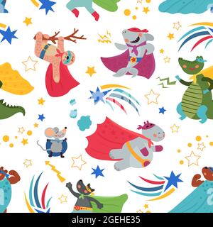 Superhero pattern. Cartoon heroes, baby cute flying animals seamless texture. Wild superman characters, bear sloth decent vector background Stock Vector
