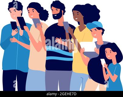 People portrait with gadgets. Diverse adults kids teenager use smartphones and tablets. Happy crowd call phone, chatting or watch on screen, isolated Stock Vector