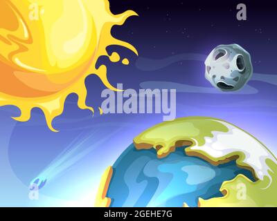 Solar system. Sun earth moon in space, astronomy universe background. Cartoon planets, cosmos with meteorite vector illustration Stock Vector