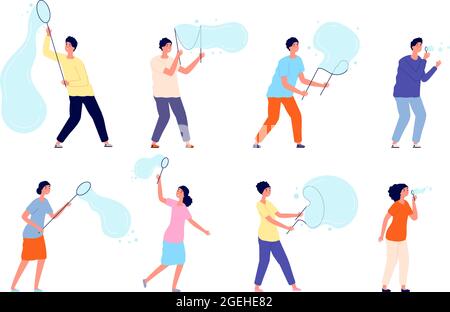 People blowing bubbles. Soap bubble, cute adorable characters playing. Isolated person on party, cartoon modern birthday utter vector set Stock Vector