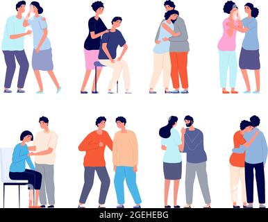 People comforting. Man support, comforted shoulder hugs or emotional characters. Persons together, empathy girl and comfort utter vector set Stock Vector