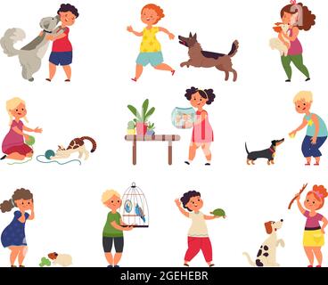 Boy And Girl Kids Petting Dog Together Vector Stock Vector Image & Art ...