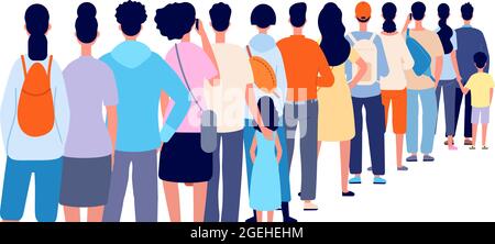 People standing in line. Isolated crowd, queue group back stand. Person wait shopping, airport registration or ticket utter vector concept Stock Vector
