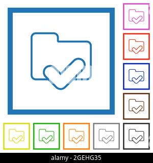 Folder ok outline flat color icons in square frames on white background Stock Vector