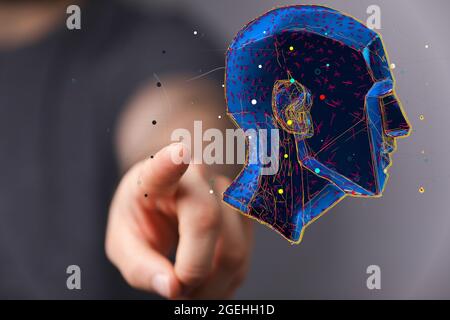 Digital human head render with a connected network of lines- artificial intelligence concept Stock Photo