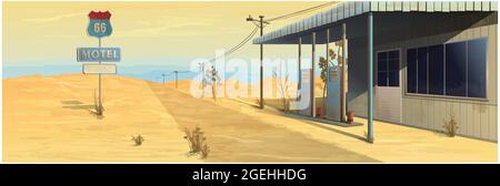 Motel near the road with a gas station on a desert background. Vector graphics Stock Photo