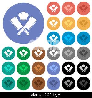 Two crossed meat cleavers and chef hat multi colored flat icons on round backgrounds. Included white, light and dark icon variations for hover and act Stock Vector