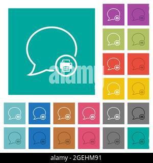 Print message outline multi colored flat icons on plain square backgrounds. Included white and darker icon variations for hover or active effects. Stock Vector