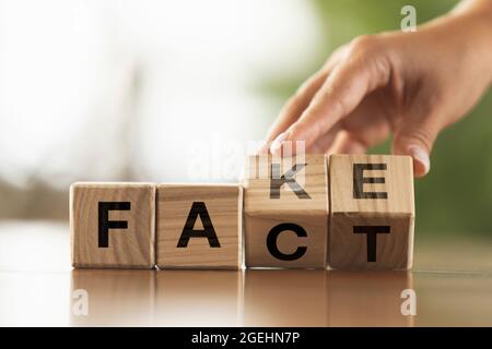 Wooden cubes, blocks with word FAKE in female hand. Conceptual image about human rights, education, social issues, mental health, education and Stock Photo