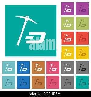 Dash cryptocurrency mining with treasure multi colored flat icons on plain square backgrounds. Included white and darker icon variations for hover or Stock Vector