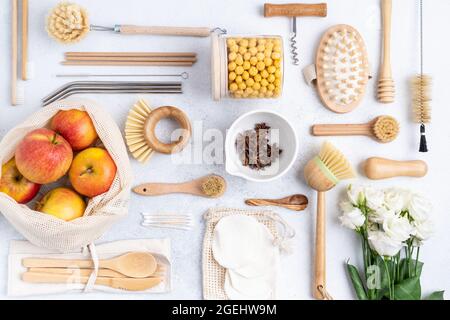 Eco-friendly kitchen accessories on a background. The concept zero waste and our planet. Stock Photo