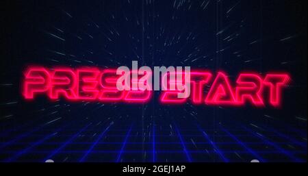 Retro Press Start text glitching over blue and red lines on white hyperspace effect Stock Photo