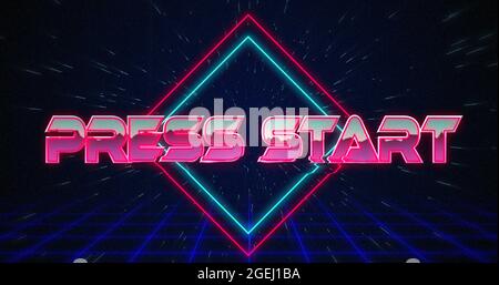 Retro Press Start text glitching over blue and red squares on white hyperspace effect Stock Photo