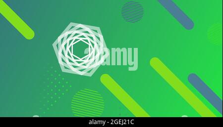 Spinning hexagon over moving geometric shapes and circles Stock Photo