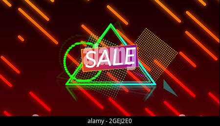 Image of sale text in white letters over neon shapes and glowing orange lines Stock Photo
