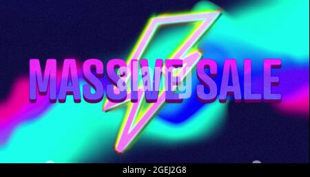 Image of massive sale text in purple letters over neon lightning over multi coloured background Stock Photo