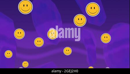 Image of yellow smiley face emoji icons floating on undulating purple background Stock Photo