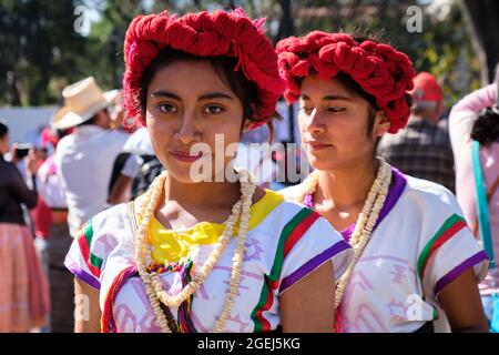 Troupe of young Mexican Folkloric dancer from state of Oaxaca performing tradtiional dance. Stock Photo