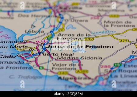 Jerez de la Frontera Spain shown on a road map or Geography map Stock Photo