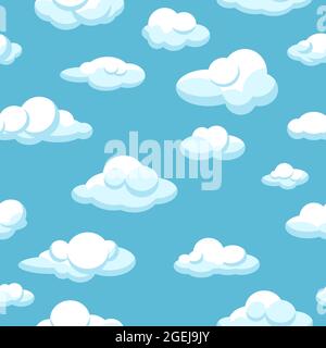 White clouds seamless pattern on blue background. Blue sunny sky. Vector illustration. Design elements in flat style Stock Vector