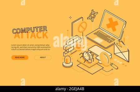 Computer attack - line design style isometric web banner. Clean, stylish art with thin fine design in black and yellow color. Protect your gadgets fro Stock Vector