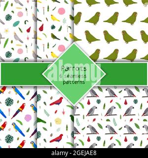 Parrot seamless pattern collection in cartoon style. Parrots owl, macaw, grey african, tropical leaves and flowers set of six backgrounds. Cute baby print for fabric and textile. Stock Vector