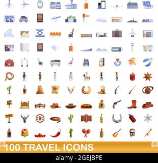 100 travel icons set. Cartoon illustration of 100 travel icons vector set isolated on white background Stock Vector