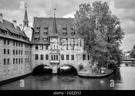 Hospice of the Holy Spirit in Nuremberg, Germany.  Black and white photography, landscape Stock Photo