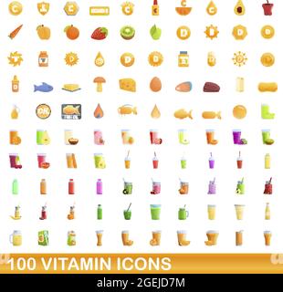 100 vitamin icons set. Cartoon illustration of 100 vitamin icons vector set isolated on white background Stock Vector