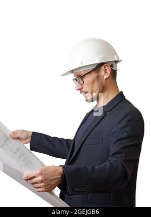 Portrait of an engineer in a white construction helmet with a paper drawing in hands. Isolated on white. Stock Photo