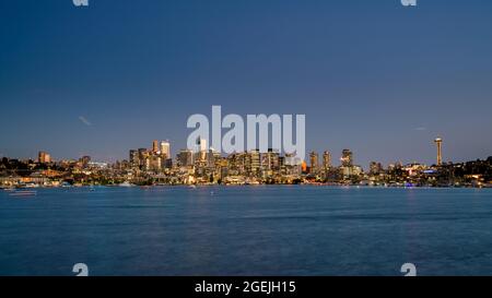Night View of Downtown Seallt Skyline From Across Union Lake Stock Photo