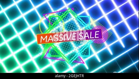 Image of massive sale text in white letters over glowing neon geometric figures on neon mesh Stock Photo