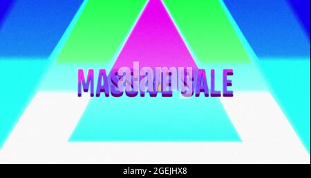Image of massive sale text in glowing purple letters over neon triangles and red lines Stock Photo