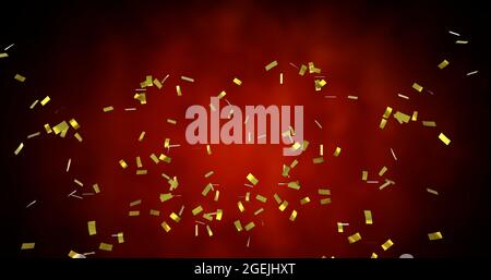 Image of golden confetti falling over glowing red background Stock Photo