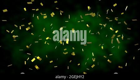 Image of golden confetti falling over glowing green background Stock Photo